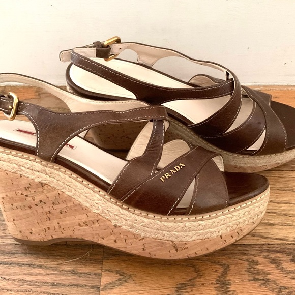 Prada Leather platform wedge sandals in brown leather, Size 7.5 - Picture 6 of 7